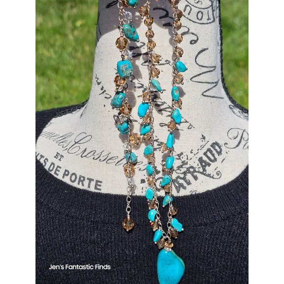 925 Sterling Silver Turquoise & Swarovski Crystal Necklace Bracelet Set - Picture 12 of 15